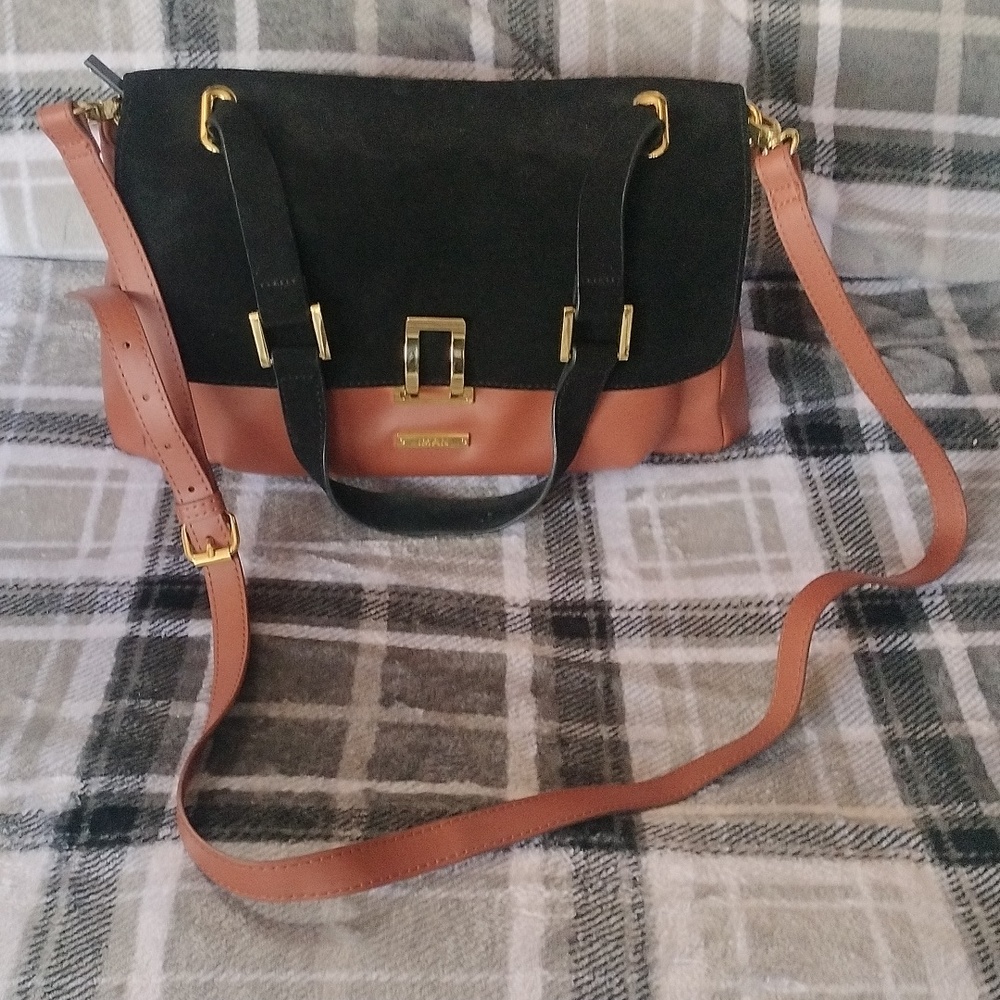 IMAN black suede and brown smooth leather shoulder bag with crossbody strap.